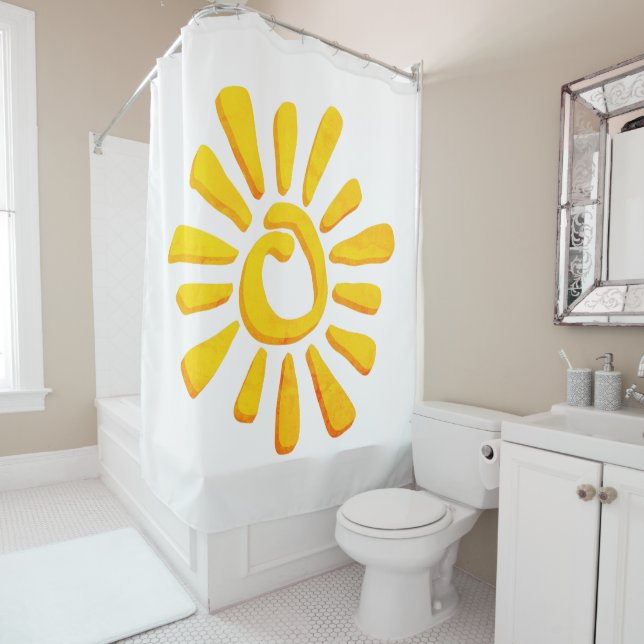 Sun orange yellow drawing texturised tribal cerami shower curtain (In Situ)