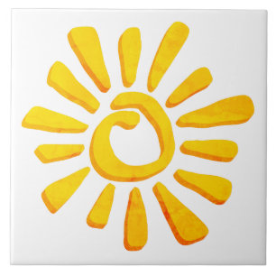 Sun orange yellow drawing texturised tribal ceramic tile