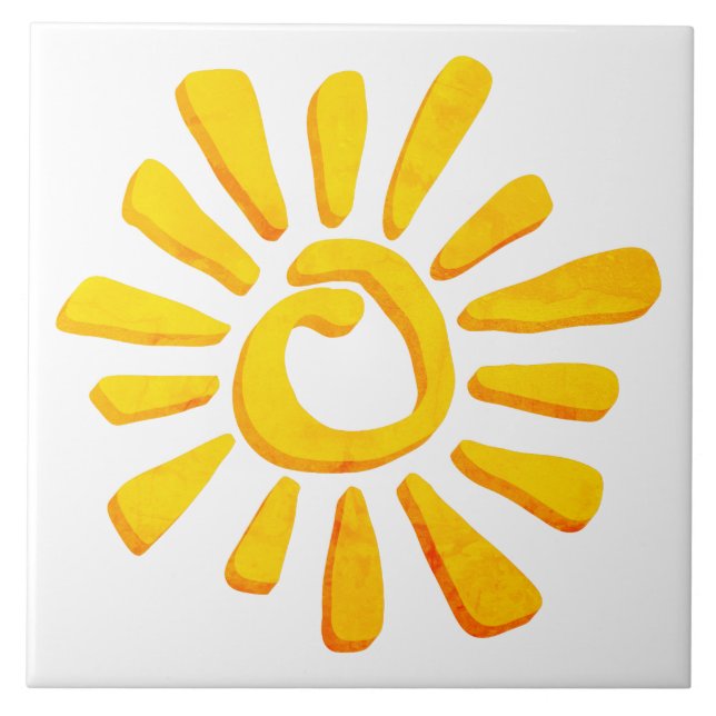 Sun orange yellow drawing texturised tribal ceramic tile (Front)