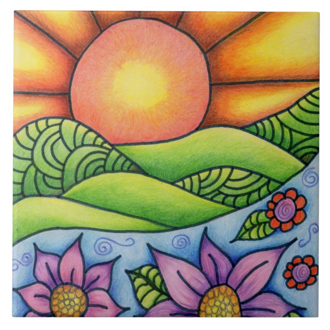 Sun Over Hills Stream and Flowers Ceramic Tile (Front)