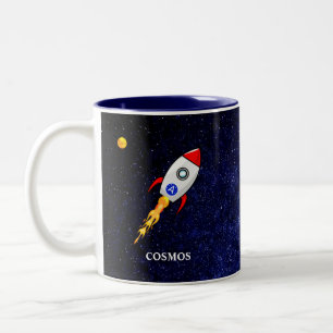 Sun, planet earth and skyrocket on galaxy Two-Tone coffee mug