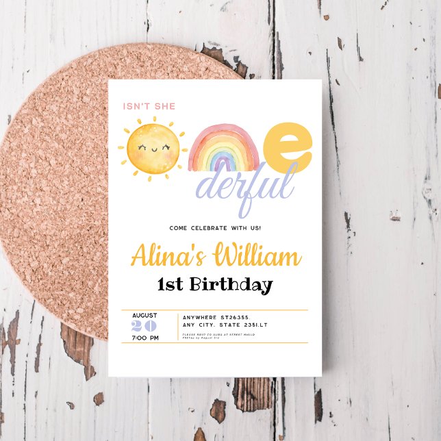 Sun rainbow Isn't she Onederful 1st Birthday Invitation (Creator Uploaded)