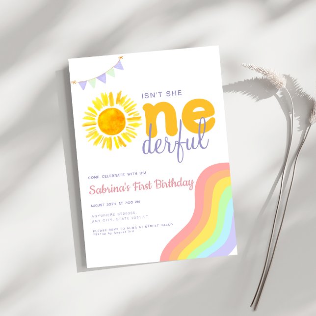 Sun rainbow Isn't she Onederful First Birthday Invitation (Creator Uploaded)