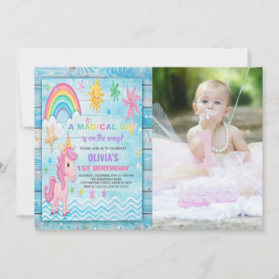 Sun Rainbow Unicorn Birthday Invitations w photo