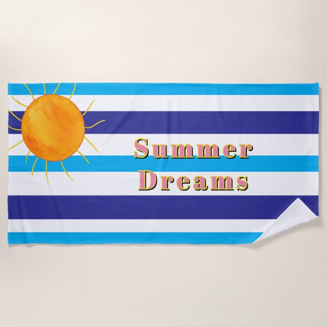 Sun Rays Blue White Summer Stripes Beach Towel (Front)