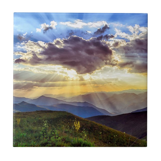 Sun Rays Mountain Range Green Hills Ceramic Tile (Front)