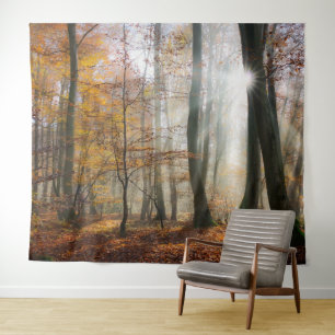 Sun Rays Mystic Scenic Fall Forest Nature Photo - Tapestry