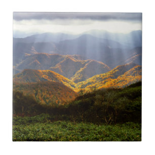 Sun Rays Over Shirakami-Sanchi Mountains Ceramic Tile