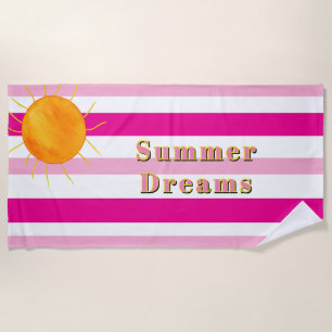 Sun Rays Pink White Summer Stripes Beach Towel