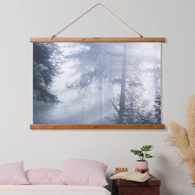 Sun rays shinning through foggy forest hanging tapestry (Bedroom)