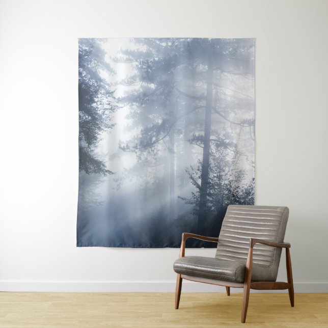 Sun rays shinning through foggy forest tapestry (In Situ)