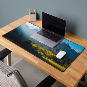 Sun rising on horses at lake Fusine, Italy Desk Mat