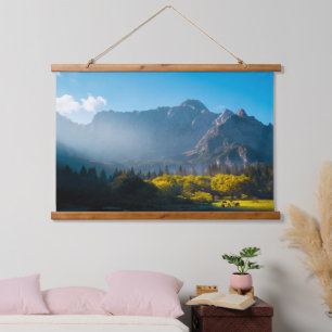 Sun rising on horses at lake Fusine, Italy Hanging Tapestry