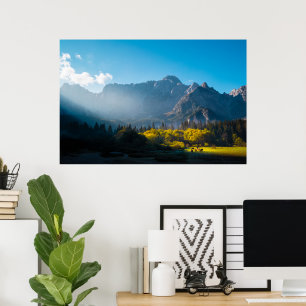 Sun rising on horses at lake Fusine, Italy Poster