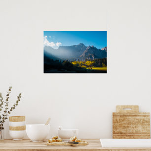 Sun rising on horses at lake Fusine, Italy Poster
