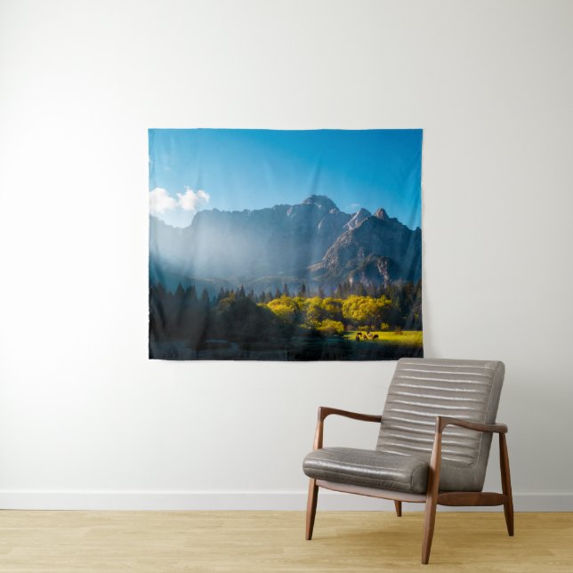 Sun rising on horses at lake Fusine, Italy Tapestry (In Situ (Horizontal))