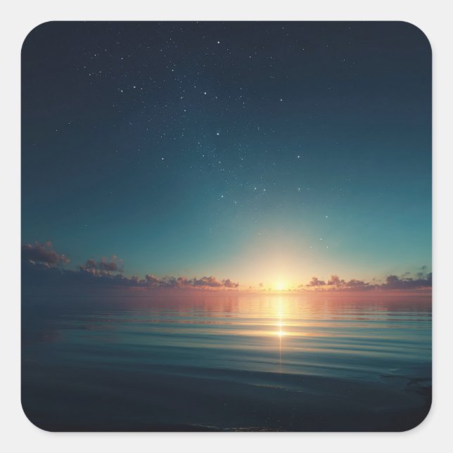 Sun Rising Over Calm Ocean Under Starry Night Square Sticker (Front)