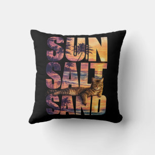 Sun Salt Sand Beach Cat Sunset Black Cushion