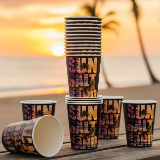 Sun Salt Sand Beach Cat Sunset Black Paper Cups