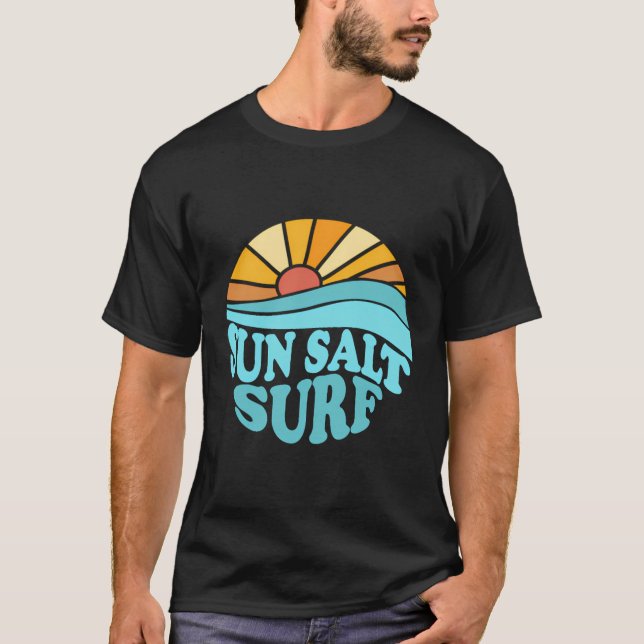 Sun Salt Surf Retro Beach Sunset T-Shirt (Front)