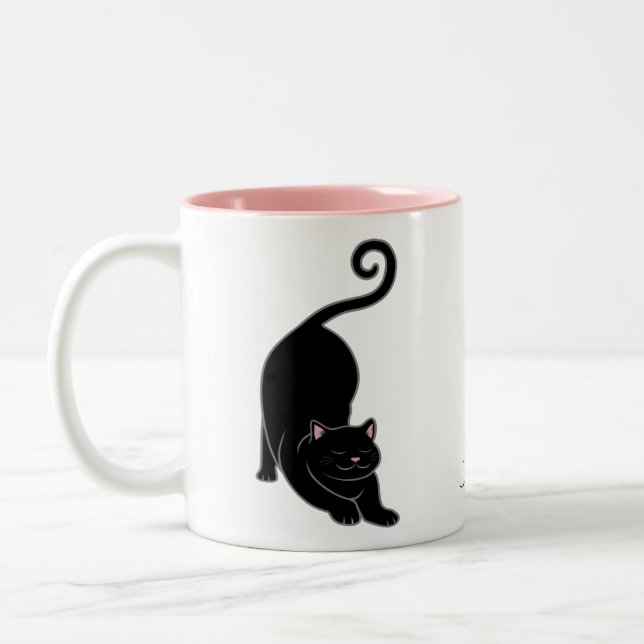 Sun salutation downward black kitty cat yoga Two-Tone coffee mug (Left)