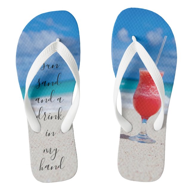 Sun Sand And Drink In Hand Tropical Cocktail Beach Thongs (Footbed)