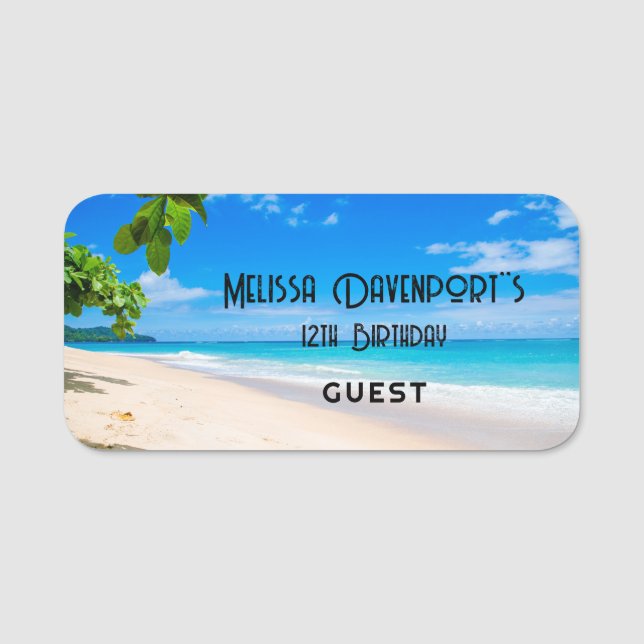 Sun Sand and Surf Tropical Beach Birthday Name Tag (Front)
