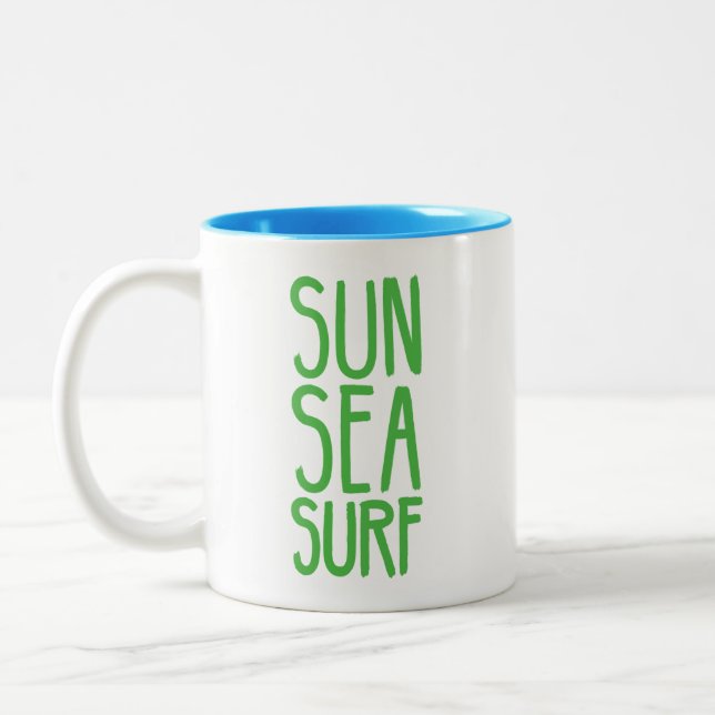 Sun, Sea, And Surf GREEN Two-Tone Coffee Mug (Left)