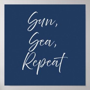 Sun Sea Repeat Navy Poster   Preppy Coastal