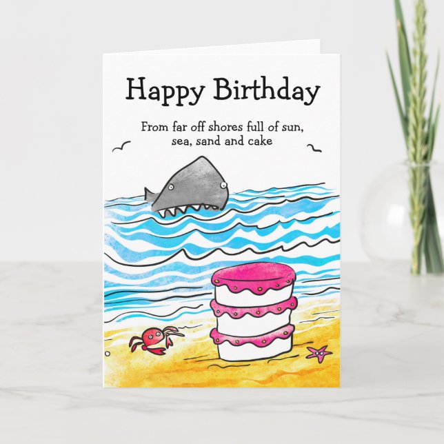 Sun, sea, sand, shark and cake birthday card (Front)