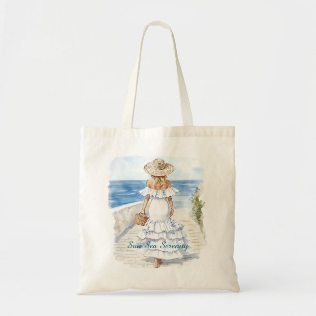 Sun Sea Serenity Ocean View Blond White Dress Tote Bag (Front)