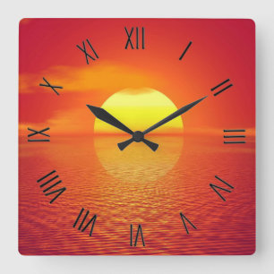  Sun Sets Orange Calm Ocean Sunset  Black Numerals Square Wall Clock