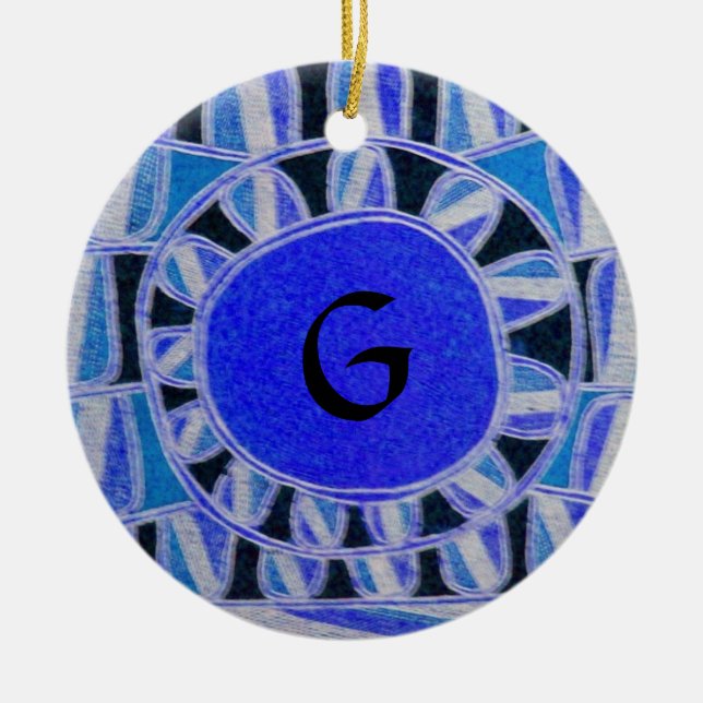 SUN SOLAR ENERGY MONOGRAM Blue Black White Ceramic Ornament (Front)
