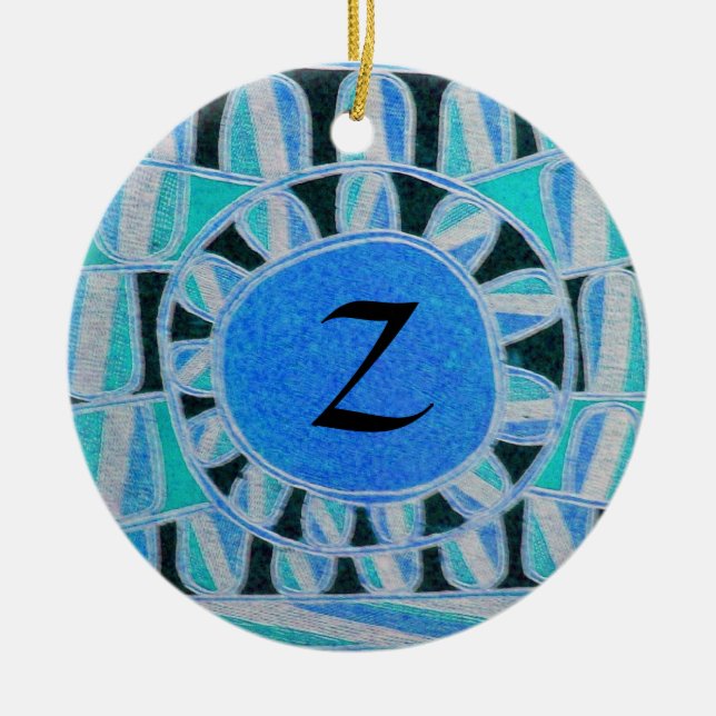 SUN SOLAR ENERGY MONOGRAM Teal Blue Black White Ceramic Ornament (Front)