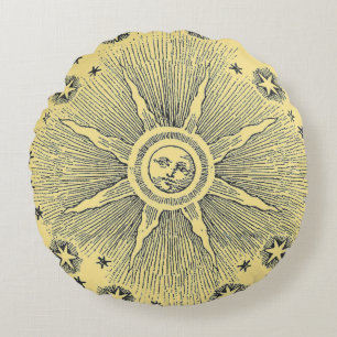 Sun Stars Antique Night Sky Mediaeval Zodiac Round Cushion