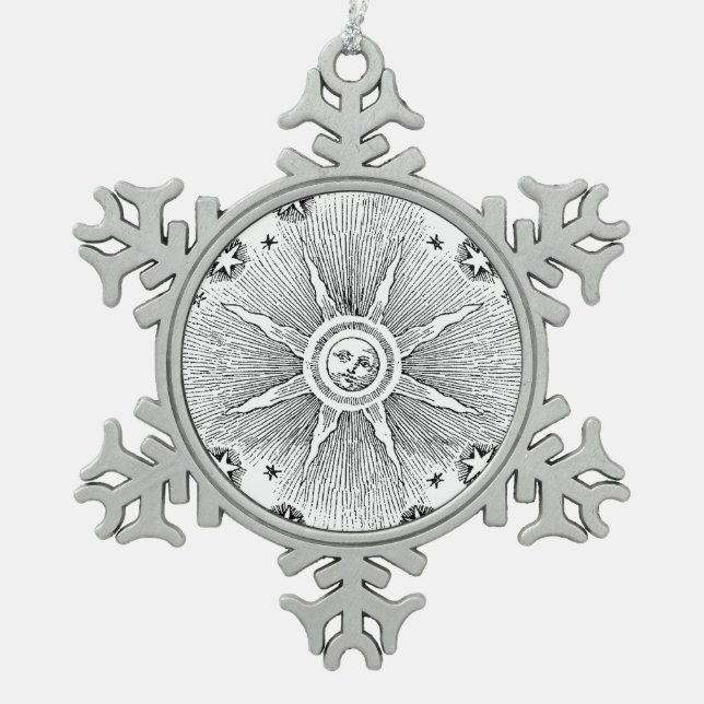 Sun Stars Antique Night Sky Mediaeval Zodiac Snowflake Pewter Christmas Ornament (Front)