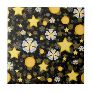 Sun Stars Flowers Glitter Black Design Ceramic Tile