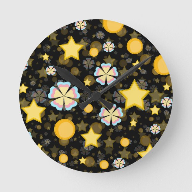 Sun Stars Flowers Glitters Pattern Design  Round Clock (Front)