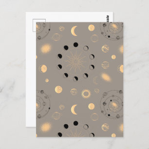 Sun stars moon phases planets black gold on tan postcard