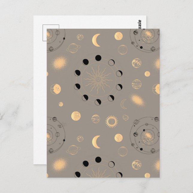 Sun stars moon phases planets black gold on tan postcard (Front/Back)