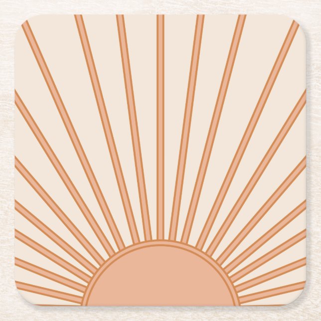 Sun Sunrise Earth Tones Terracotta Retro Sunshine Square Paper Coaster (Front)