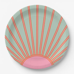 Sun Sunrise Green And Pink Abstract Retro Sunshine Paper Plate