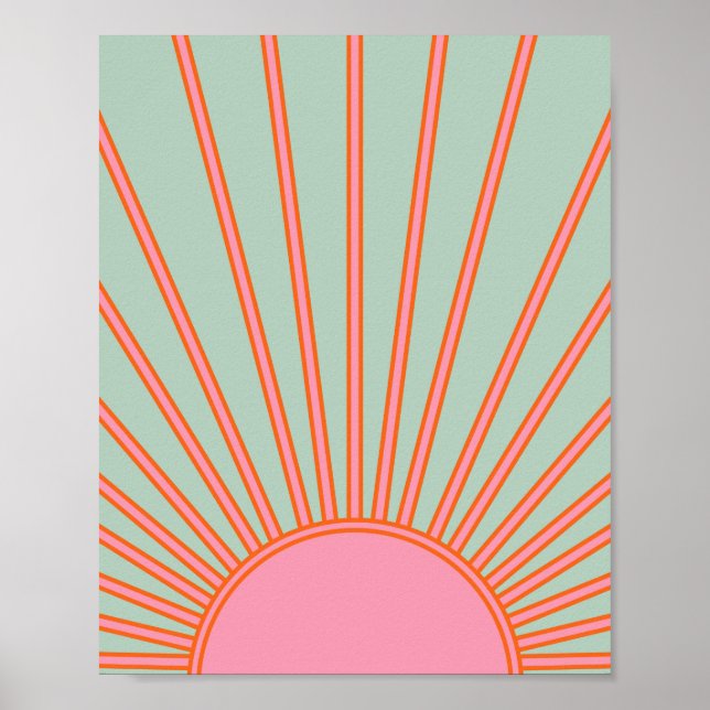 Sun Sunrise Green And Pink Abstract Retro Sunshine Poster (Front)