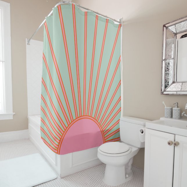 Sun Sunrise Green And Pink Abstract Retro Sunshine Shower Curtain (In Situ)