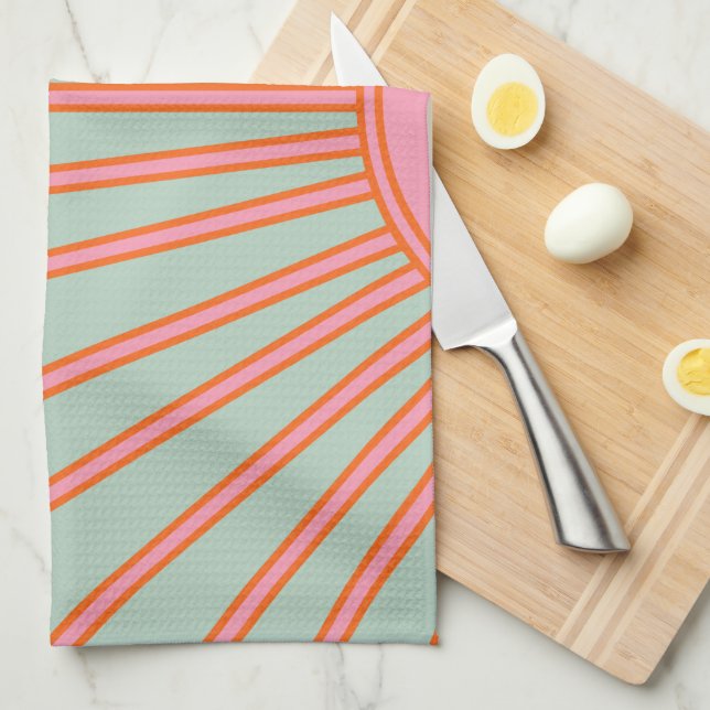 Sun Sunrise Green And Pink Abstract Retro Sunshine Tea Towel (Quarter Fold)