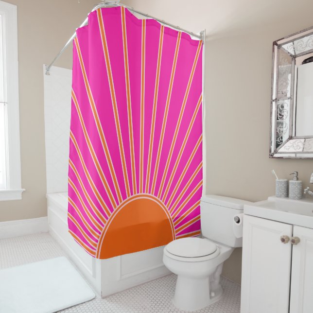Sun Sunrise Hot Pink And Orange Preppy Sunshine Shower Curtain (In Situ)