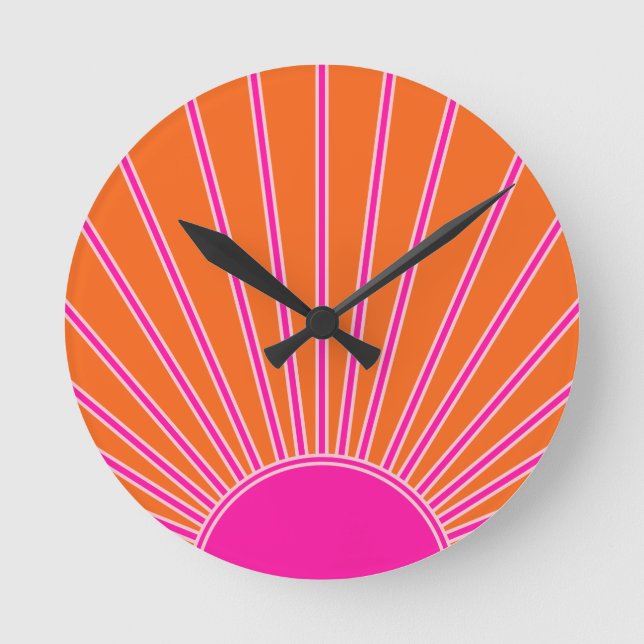 Sun Sunrise Orange And Hot Pink Preppy Sunshine Round Clock (Front)
