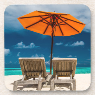 Sun Umbrella On Sandy Beach Maldives Coaster