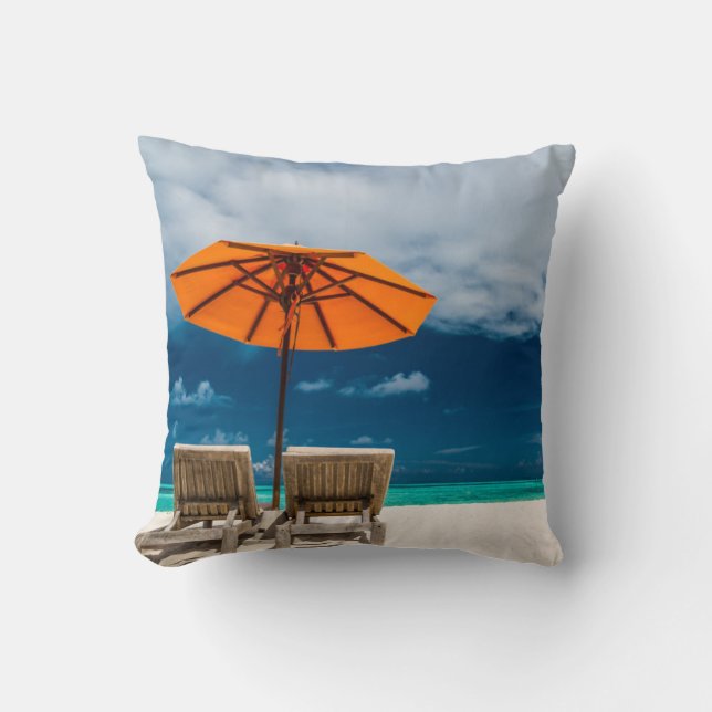 Sun Umbrella On Sandy Beach |Maldives Cushion (Front)