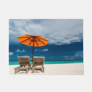 Sun Umbrella On Sandy Beach  Maldives Doormat